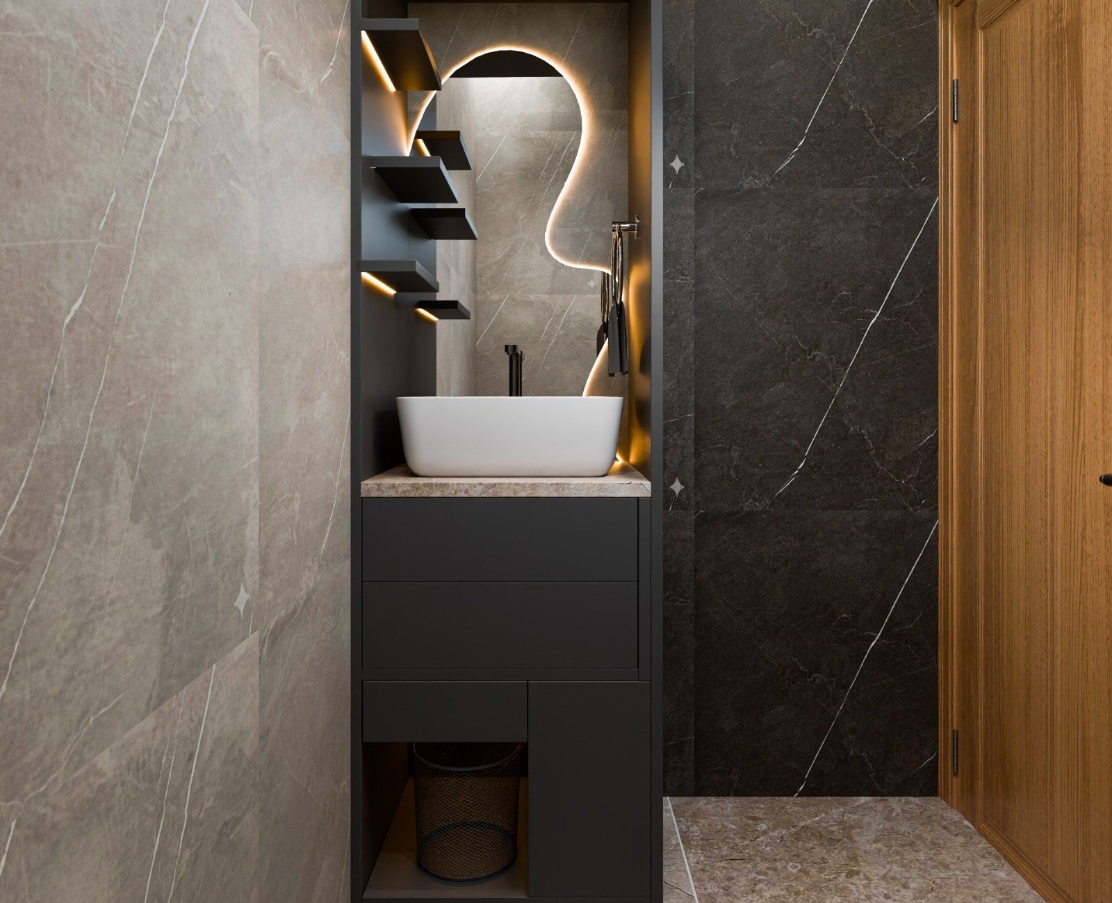 Premium grey and wooden bathroom interior